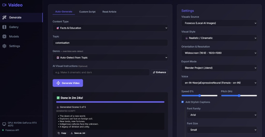 Vaideo AI Content Creator Interface